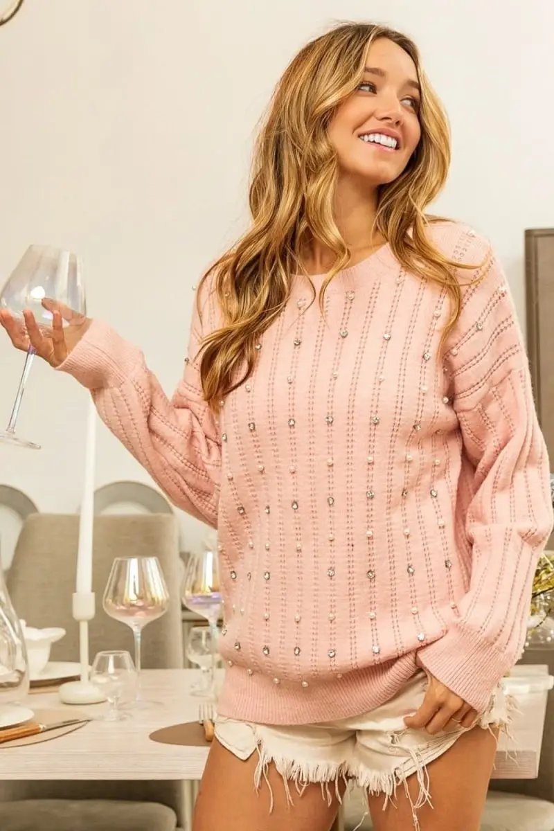 BiBi Pearl & Rhinestone Decor Long Sleeve Sweater - Love Salve
